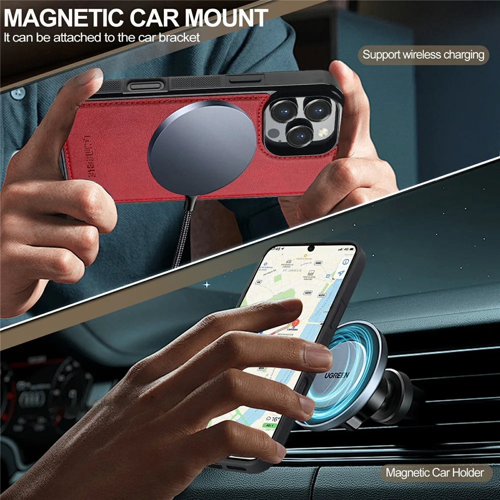 LC.IMEEKE For iPhone 16 Pro Magnetic Case Compatible with MagSafe Leather+TPU Back Cover - Red - 3