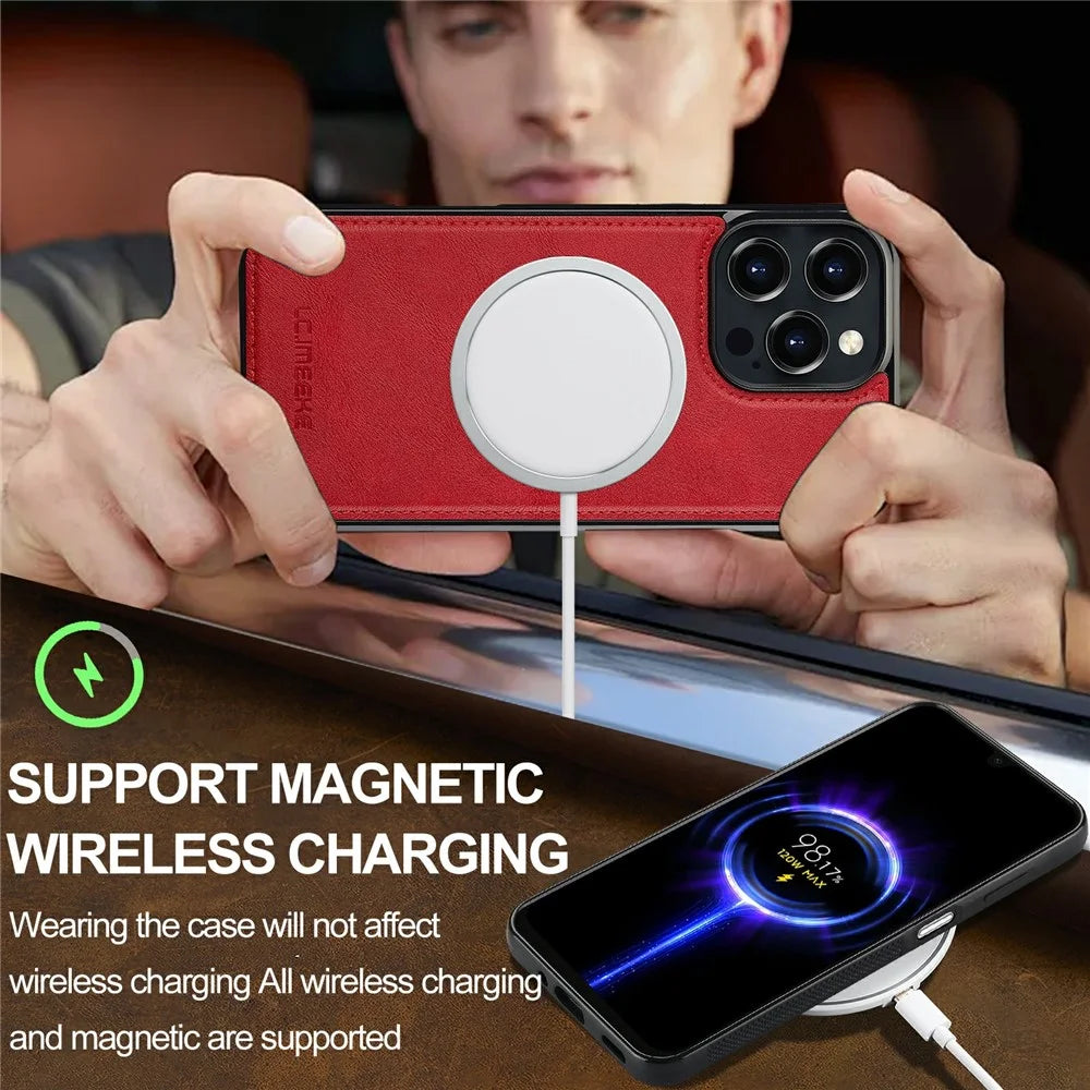 LC.IMEEKE For iPhone 16 Pro Magnetic Case Compatible with MagSafe Leather+TPU Back Cover - Red - 5