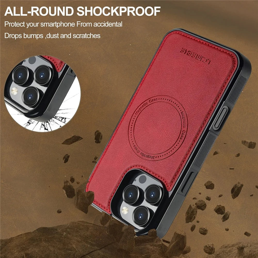 LC.IMEEKE For iPhone 16 Pro Magnetic Case Compatible with MagSafe Leather+TPU Back Cover - Red - 6