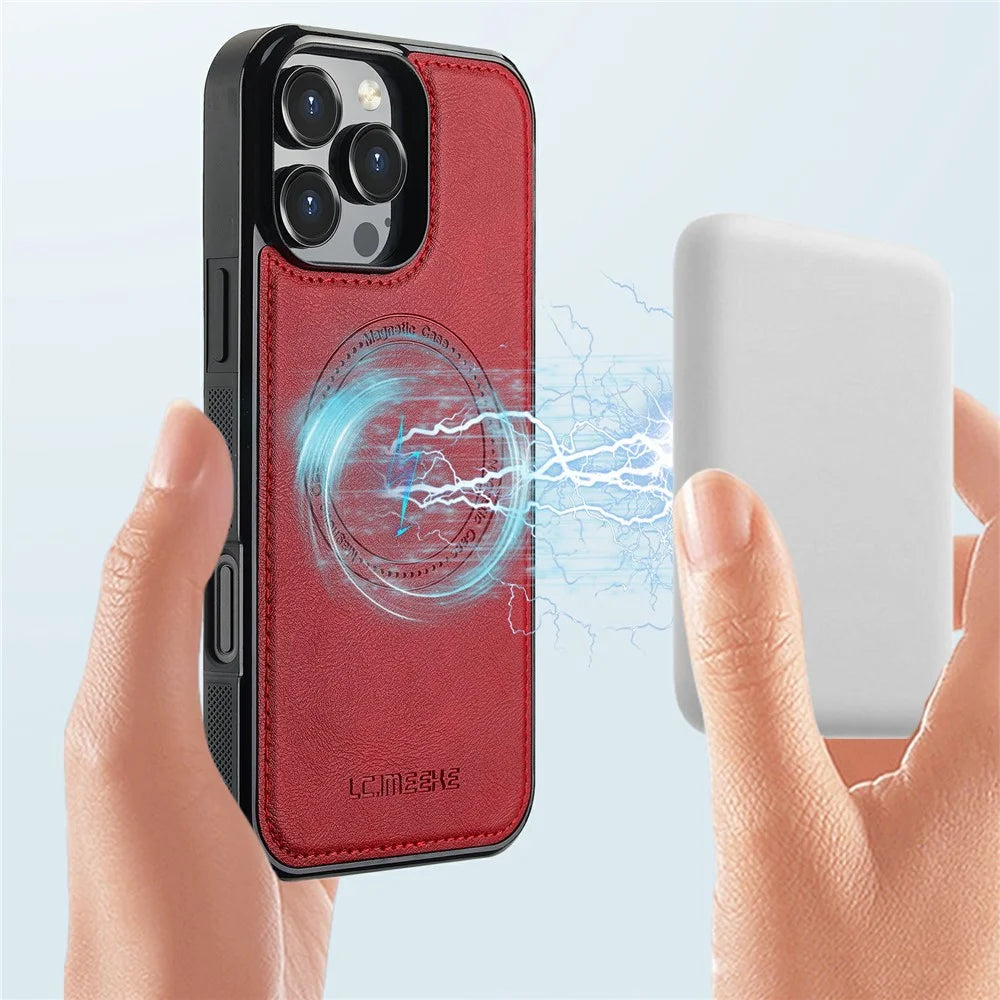 LC.IMEEKE For iPhone 16 Pro Magnetic Case Compatible with MagSafe Leather+TPU Back Cover - Red - 7