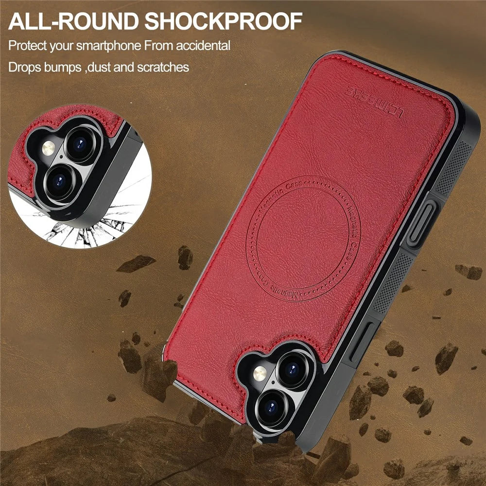 LC.IMEEKE For iPhone 16 Plus Magnetic Case Compatible with MagSafe Leather+TPU Back Cover - Red - 6
