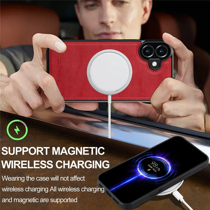 LC.IMEEKE For iPhone 16 Magnetic Case Compatible with MagSafe Leather+TPU Back Cover - Red - 5