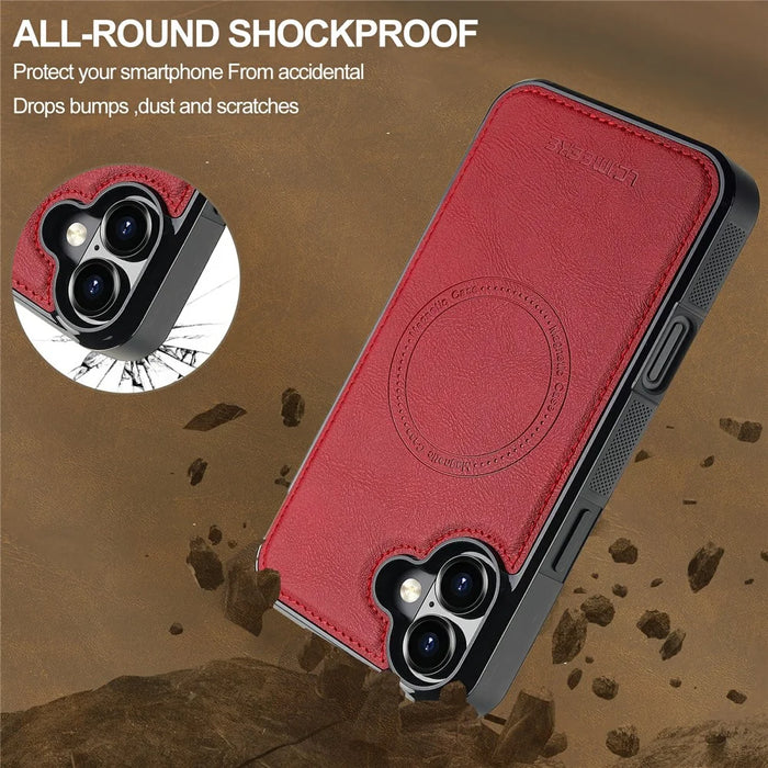 LC.IMEEKE For iPhone 16 Magnetic Case Compatible with MagSafe Leather+TPU Back Cover - Red - 6