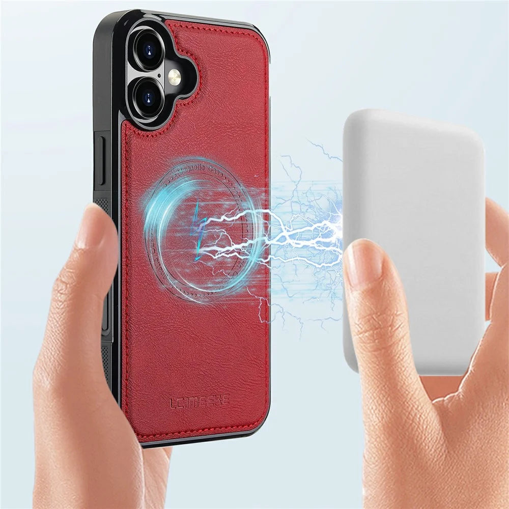 LC.IMEEKE For iPhone 16 Magnetic Case Compatible with MagSafe Leather+TPU Back Cover - Red - 7