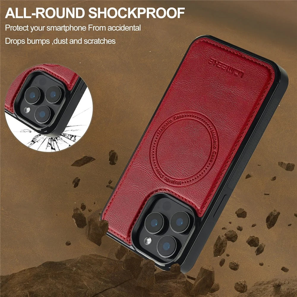 LC.IMEEKE For iPhone 15 Pro Magnetic Case Compatible with MagSafe Leather+TPU Back Cover - Red - 6