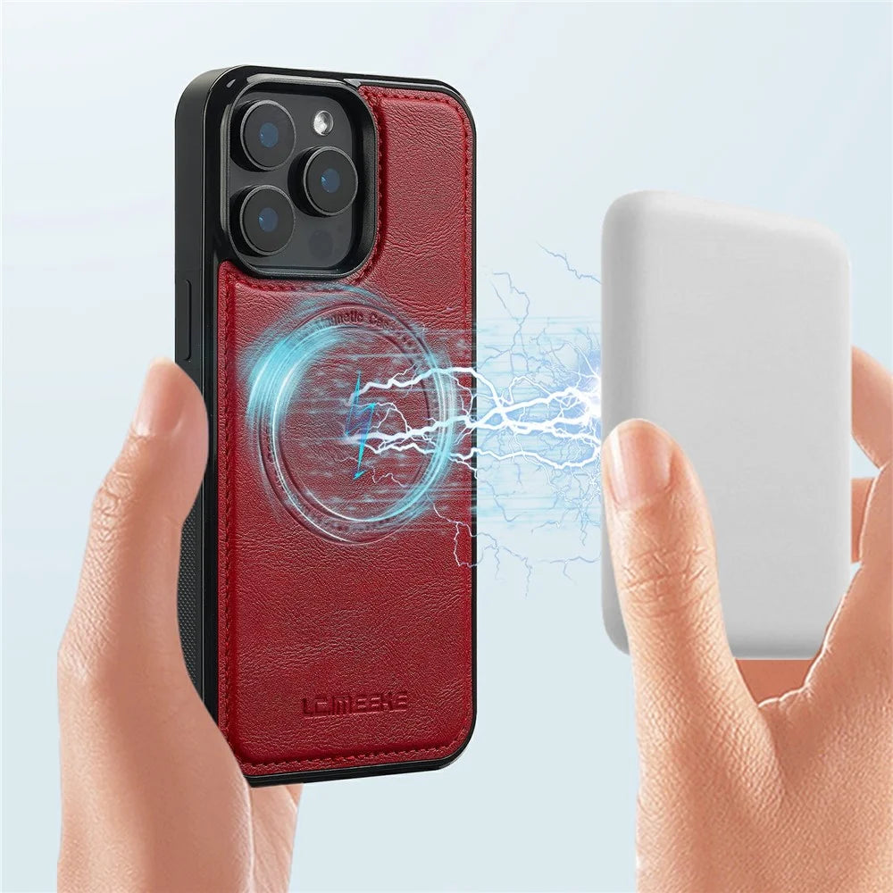 LC.IMEEKE For iPhone 15 Pro Magnetic Case Compatible with MagSafe Leather+TPU Back Cover - Red - 7