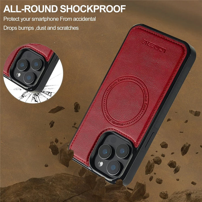 LC.IMEEKE For iPhone 14 Pro Magnetic Case Compatible with MagSafe Leather+TPU Back Cover - Red - 6