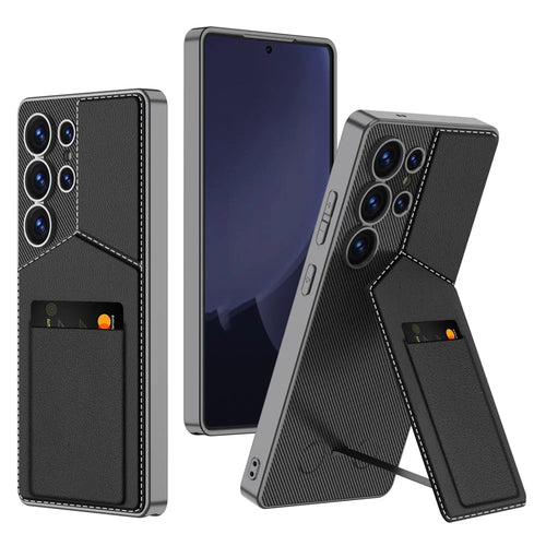 GKK For Samsung Galaxy S25 Ultra Case with Card Holder Kickstand PC+PU Phone Back Cover - Black - 1