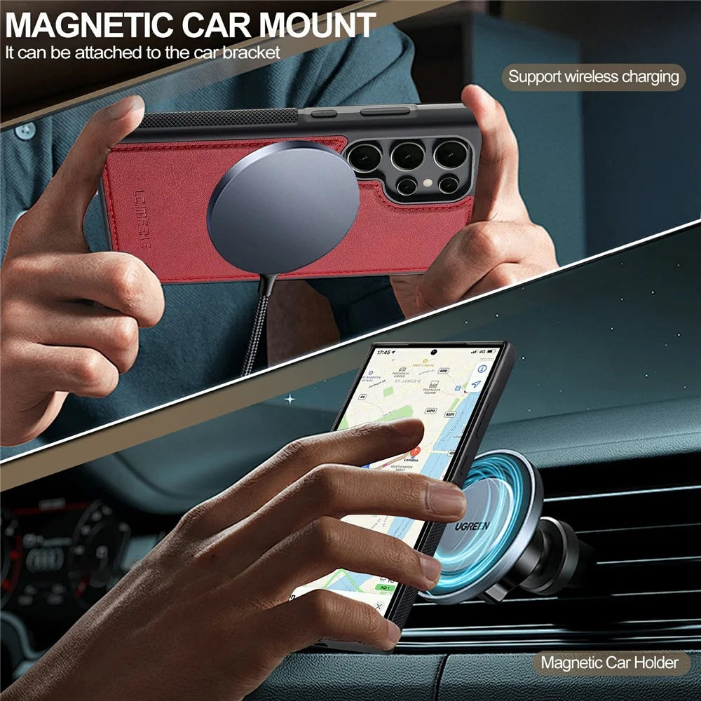 LC.IMEEKE For Samsung Galaxy S22 Ultra 5G Magnetic Case Leather+TPU Back Cover - Red - 3
