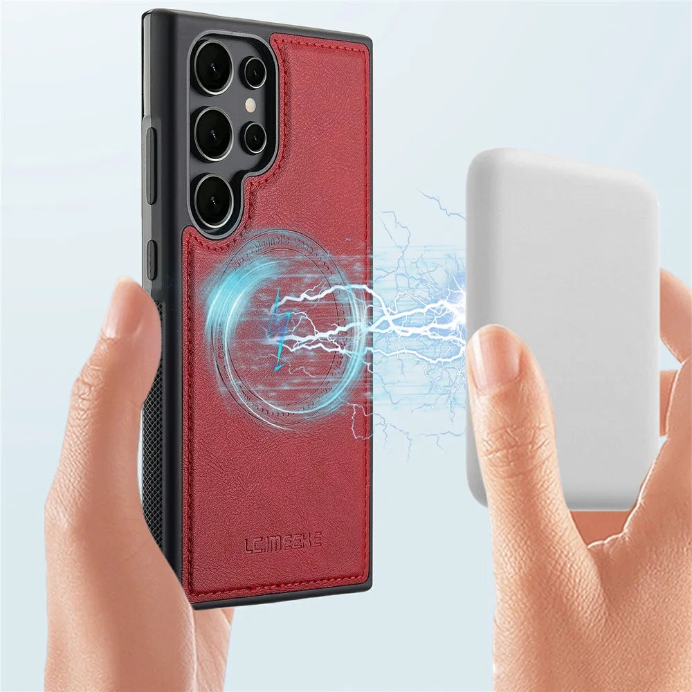 LC.IMEEKE For Samsung Galaxy S22 Ultra 5G Magnetic Case Leather+TPU Back Cover - Red - 7