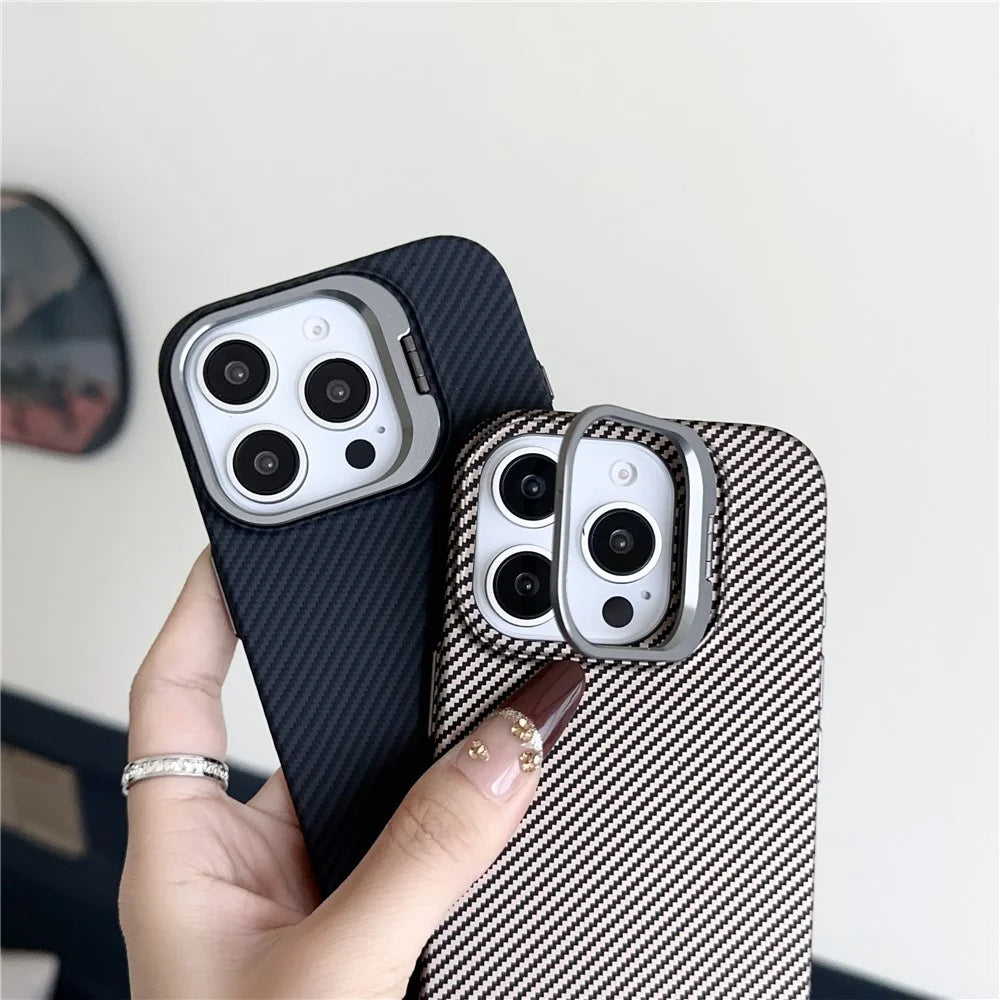 For iPhone 16 Pro Max Magnetic Case 600D Fine Carbon Fiber Texture Kickstand Phone Back Cover - Brown - 6