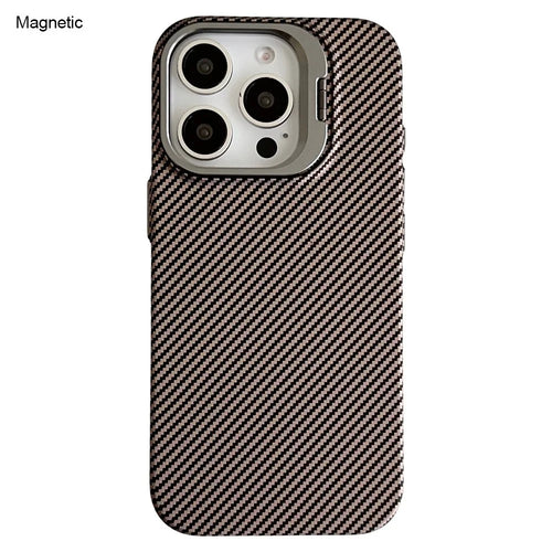 For iPhone 16 Pro Magnetic Case 600D Fine Carbon Fiber Texture Kickstand Phone Back Cover - Brown - 1