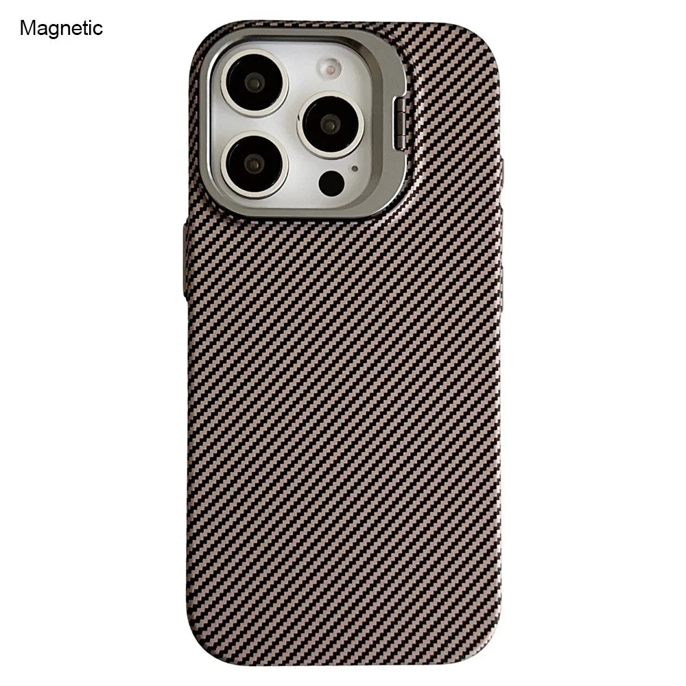 For iPhone 16 Pro Magnetic Case 600D Fine Carbon Fiber Texture Kickstand Phone Back Cover - Brown - 1