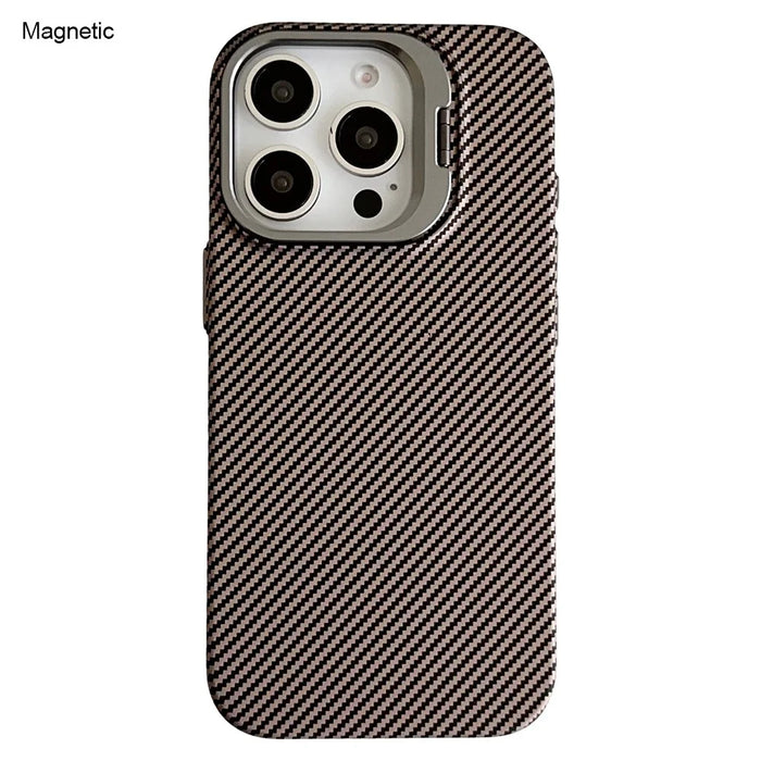 For iPhone 16 Pro Magnetic Case 600D Fine Carbon Fiber Texture Kickstand Phone Back Cover - Brown - 1