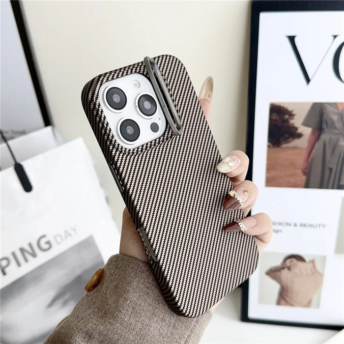 For iPhone 16 Pro Magnetic Case 600D Fine Carbon Fiber Texture Kickstand Phone Back Cover - Brown - 2