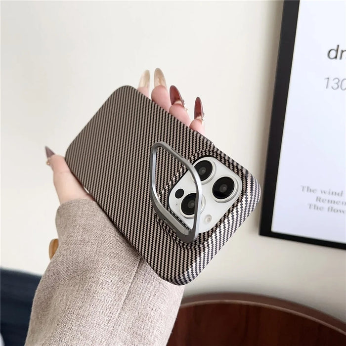 For iPhone 16 Pro Magnetic Case 600D Fine Carbon Fiber Texture Kickstand Phone Back Cover - Brown - 3