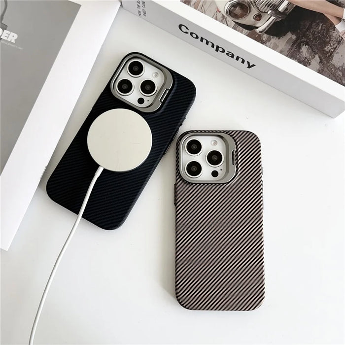 For iPhone 16 Pro Magnetic Case 600D Fine Carbon Fiber Texture Kickstand Phone Back Cover - Brown - 4