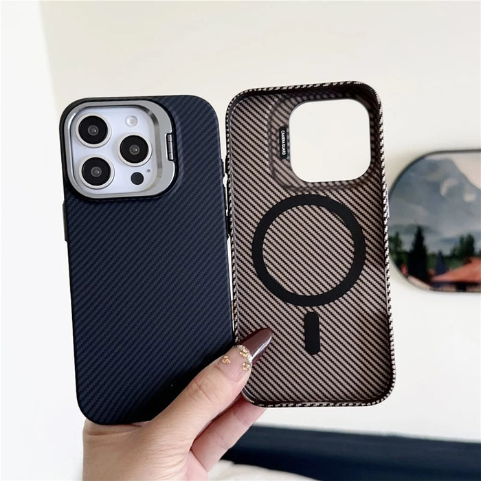 For iPhone 16 Pro Magnetic Case 600D Fine Carbon Fiber Texture Kickstand Phone Back Cover - Brown - 5