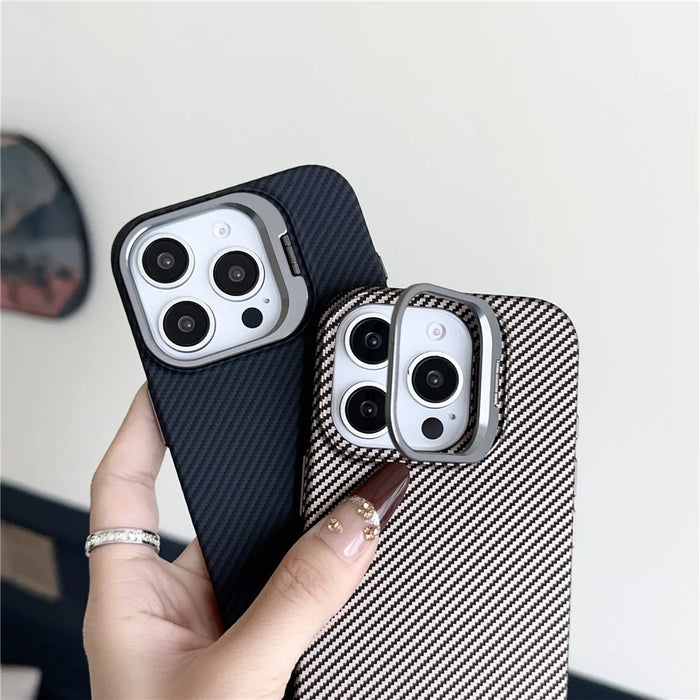 For iPhone 16 Pro Magnetic Case 600D Fine Carbon Fiber Texture Kickstand Phone Back Cover - Brown - 6