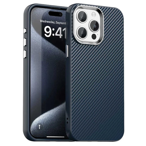 For iPhone 15 Pro Max Case Cell Phone Hybrid Back Cover Carbon Fiber Texture - Blue - 1