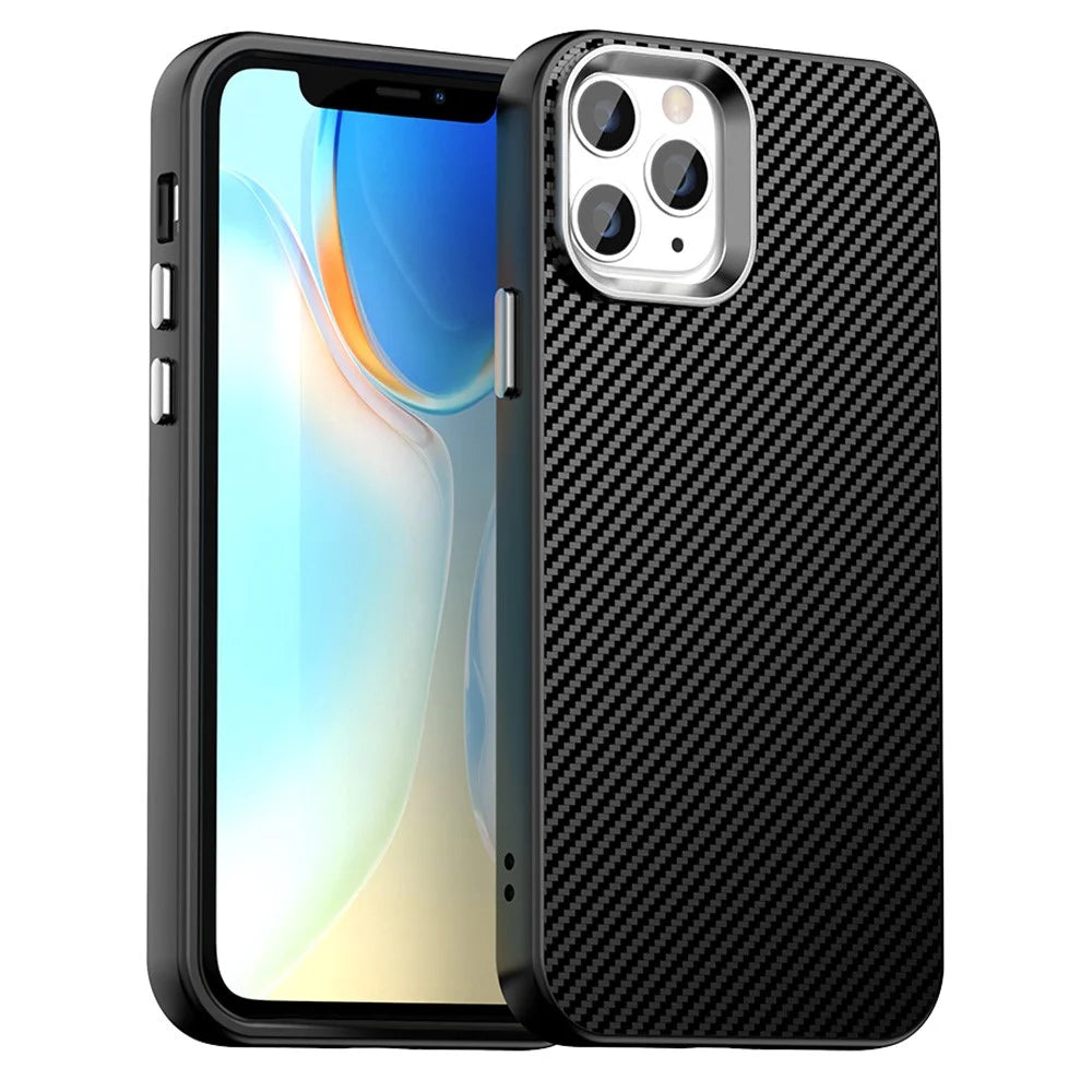 For iPhone 11 Pro Max Case Cell Phone Hybrid Back Cover Carbon Fiber Texture - Black - 1