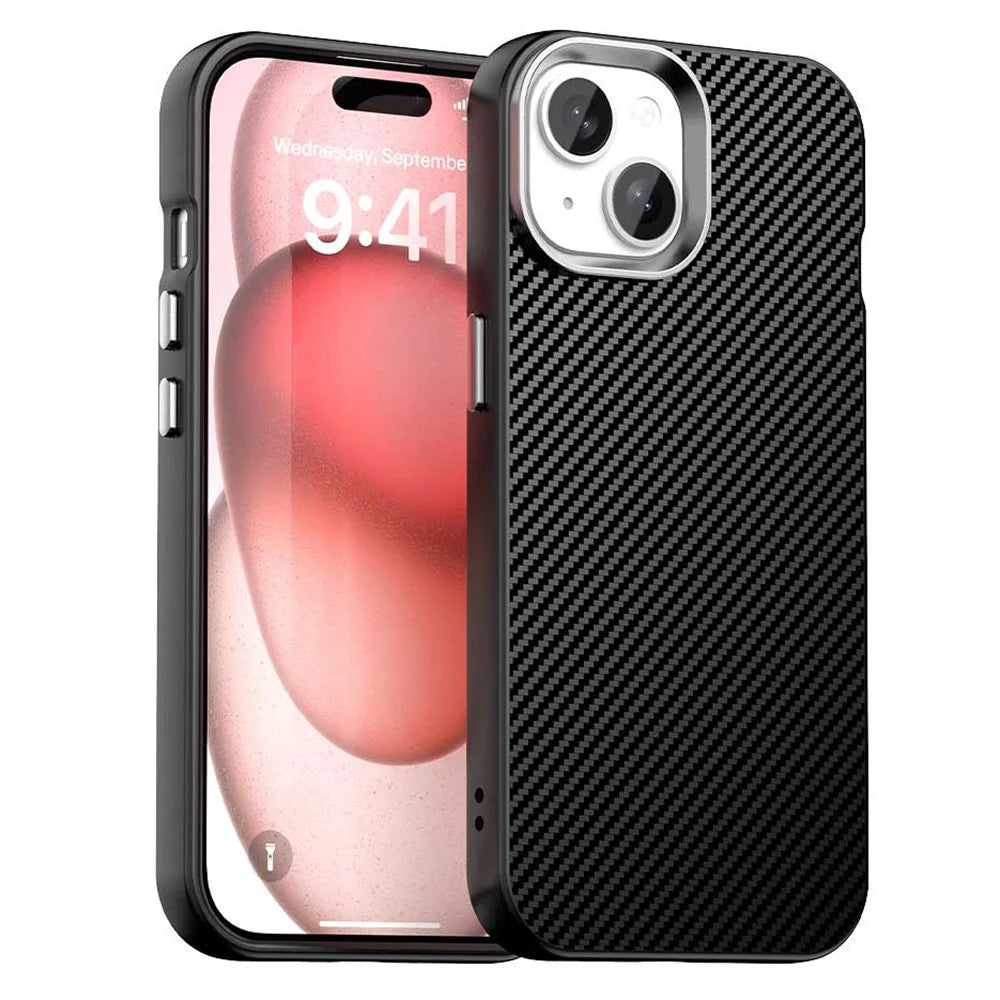 For iPhone 15 Case Cell Phone Hybrid Back Cover Carbon Fiber Texture - Black - 1