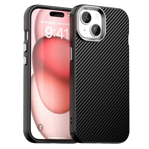 For iPhone 15 Case Cell Phone Hybrid Back Cover Carbon Fiber Texture - Black - 1