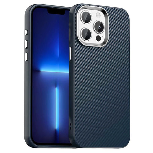 For iPhone 13 Pro Case Cell Phone Hybrid Back Cover Carbon Fiber Texture - Blue - 1