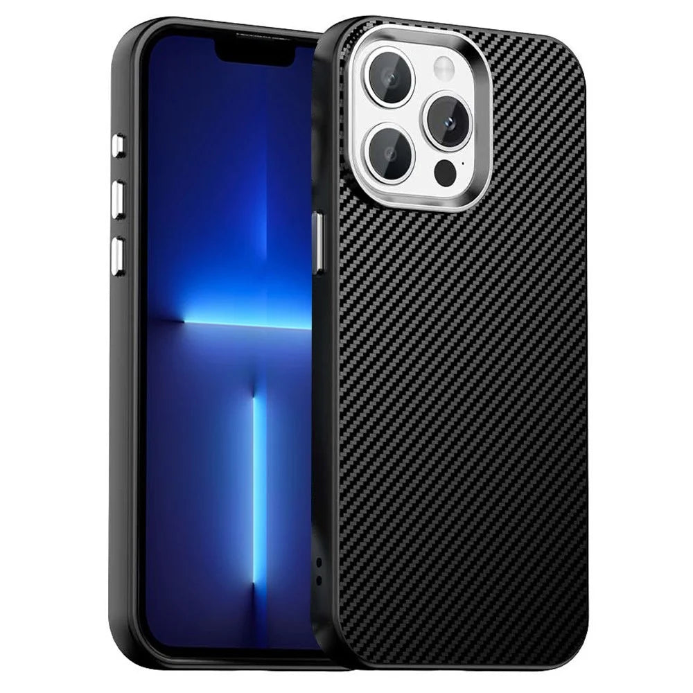 For iPhone 13 Pro Max Case Cell Phone Hybrid Back Cover Carbon Fiber Texture - Black - 1