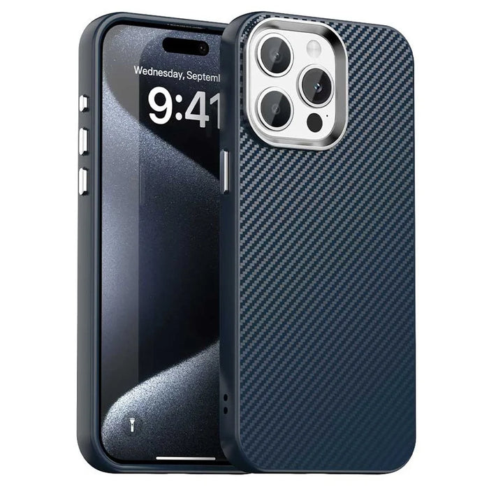 For iPhone 14 Pro Case Cell Phone Hybrid Back Cover Carbon Fiber Texture - Blue - 1