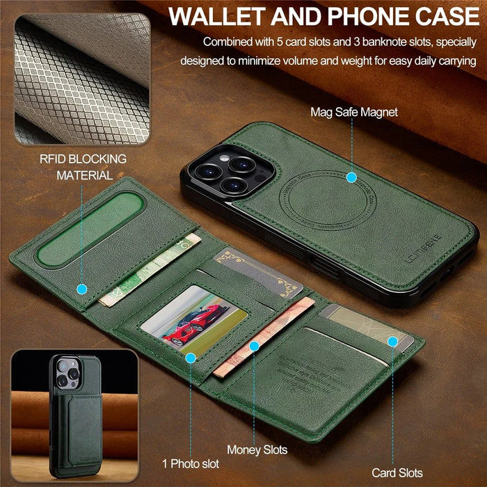 LC.IMEEKE L5 For iPhone 16 Pro Max Magnetic Phone Case Leather Back Cover with Detachable Card Holder - Green - 5