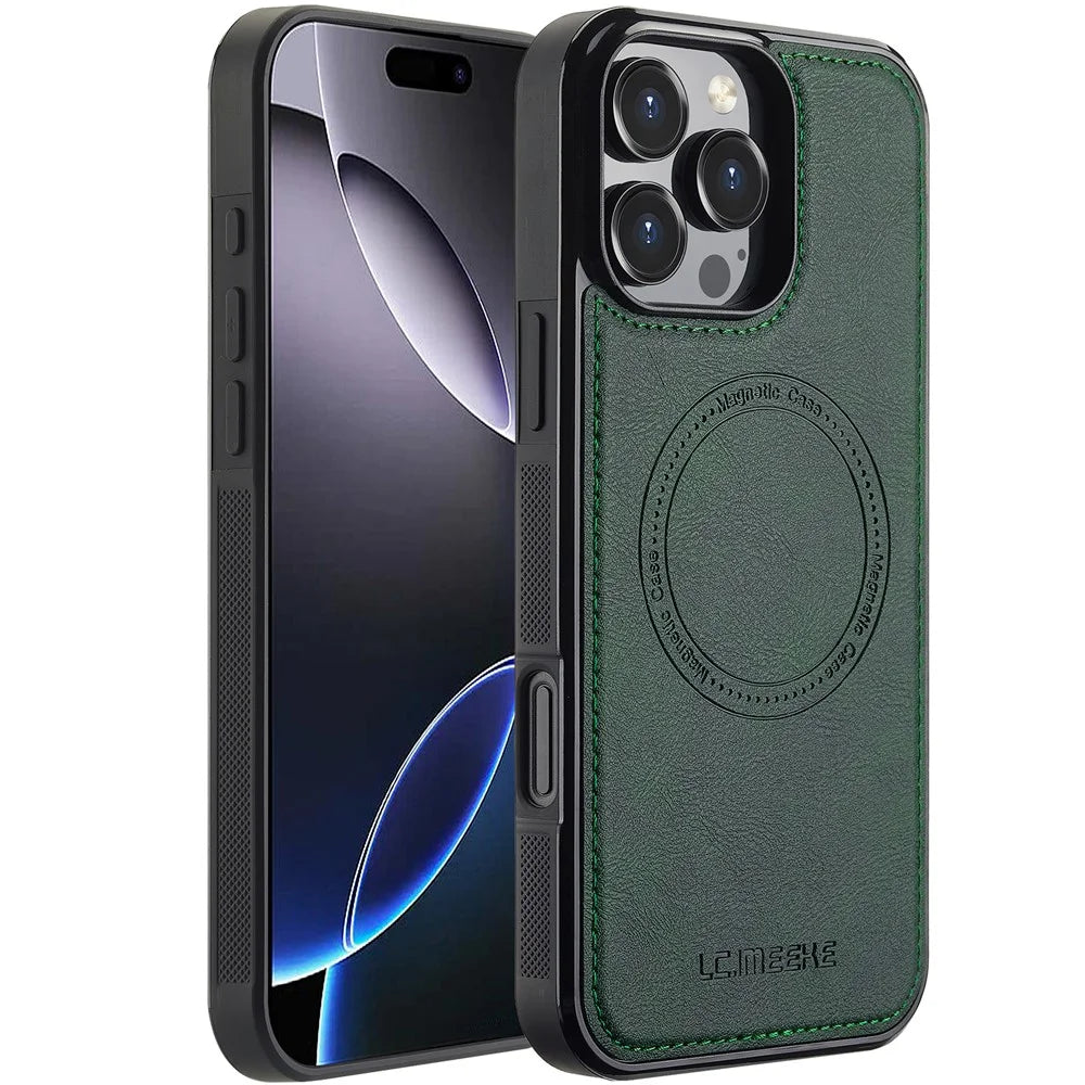 LC.IMEEKE For iPhone 16 Pro Max Magnetic Case Compatible with MagSafe Leather+TPU Back Cover - Green - 1