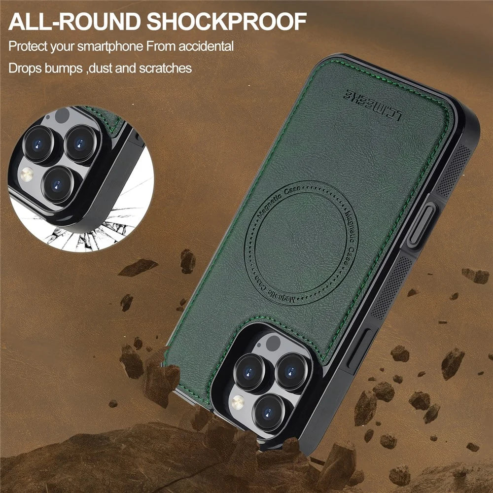 LC.IMEEKE For iPhone 16 Pro Max Magnetic Case Compatible with MagSafe Leather+TPU Back Cover - Green - 2