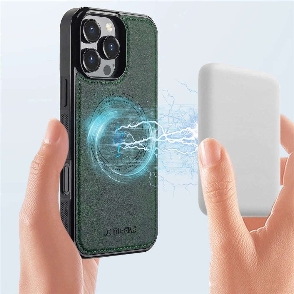 LC.IMEEKE For iPhone 16 Pro Max Magnetic Case Compatible with MagSafe Leather+TPU Back Cover - Green - 4