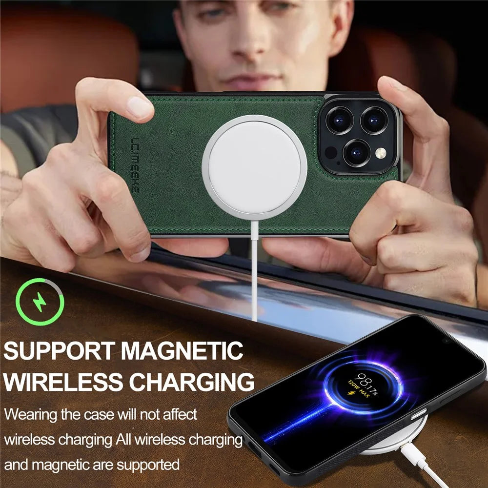 LC.IMEEKE For iPhone 16 Pro Max Magnetic Case Compatible with MagSafe Leather+TPU Back Cover - Green - 6