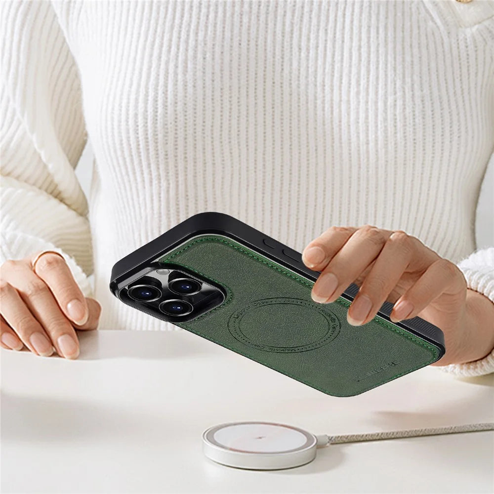 LC.IMEEKE For iPhone 16 Pro Max Magnetic Case Compatible with MagSafe Leather+TPU Back Cover - Green - 7