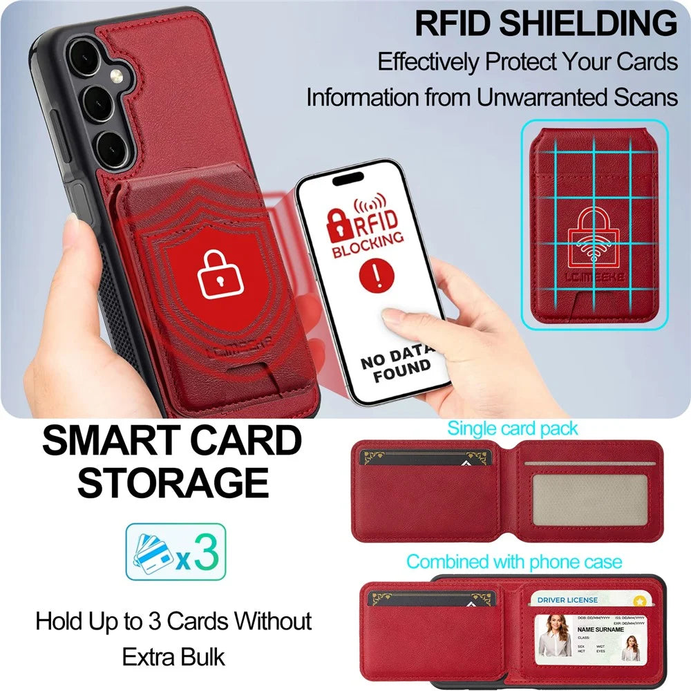 LC.IMEEKE L3 For Samsung Galaxy A15 4G / 5G Magnetic Case Detachable Card Holder Leather+TPU Mobile Cover - Red - 7