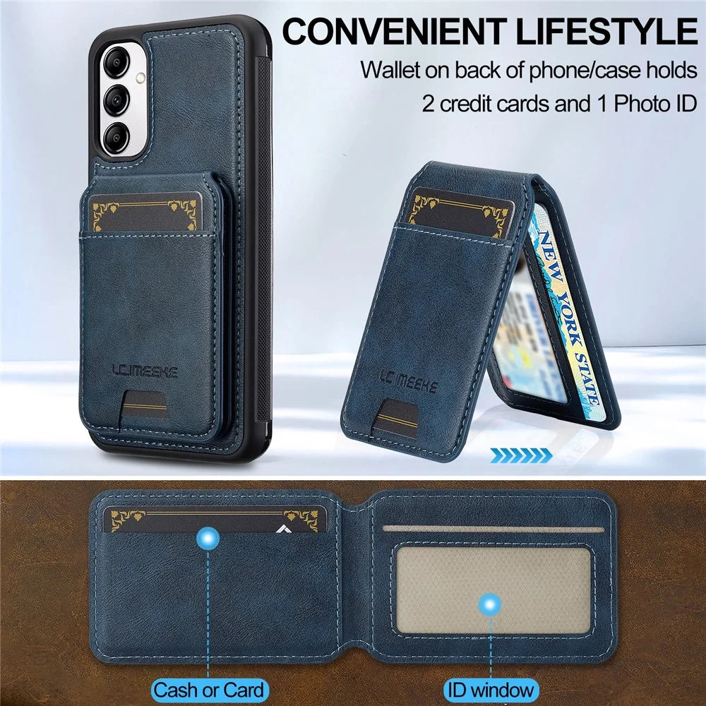 LC.IMEEKE L3 For Samsung Galaxy A14 4G / 5G Magnetic Case Detachable Card Holder Leather+TPU Mobile Cover - Blue - 5
