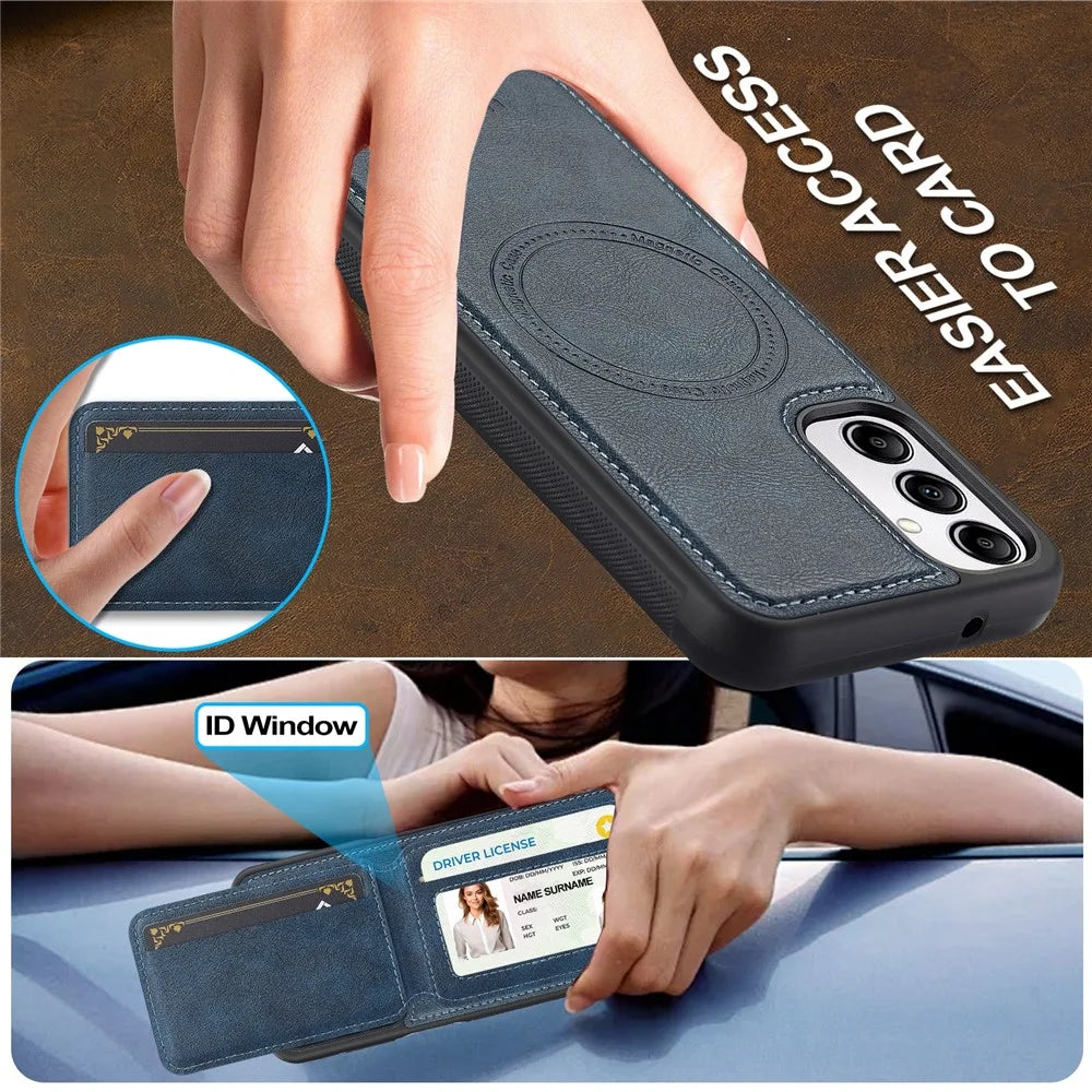 LC.IMEEKE L3 For Samsung Galaxy A14 4G / 5G Magnetic Case Detachable Card Holder Leather+TPU Mobile Cover - Blue - 6