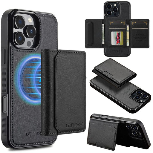LC.IMEEKE L5 For iPhone 16 Pro Magnetic Phone Case Leather Back Cover with Detachable Card Holder - Black - 1