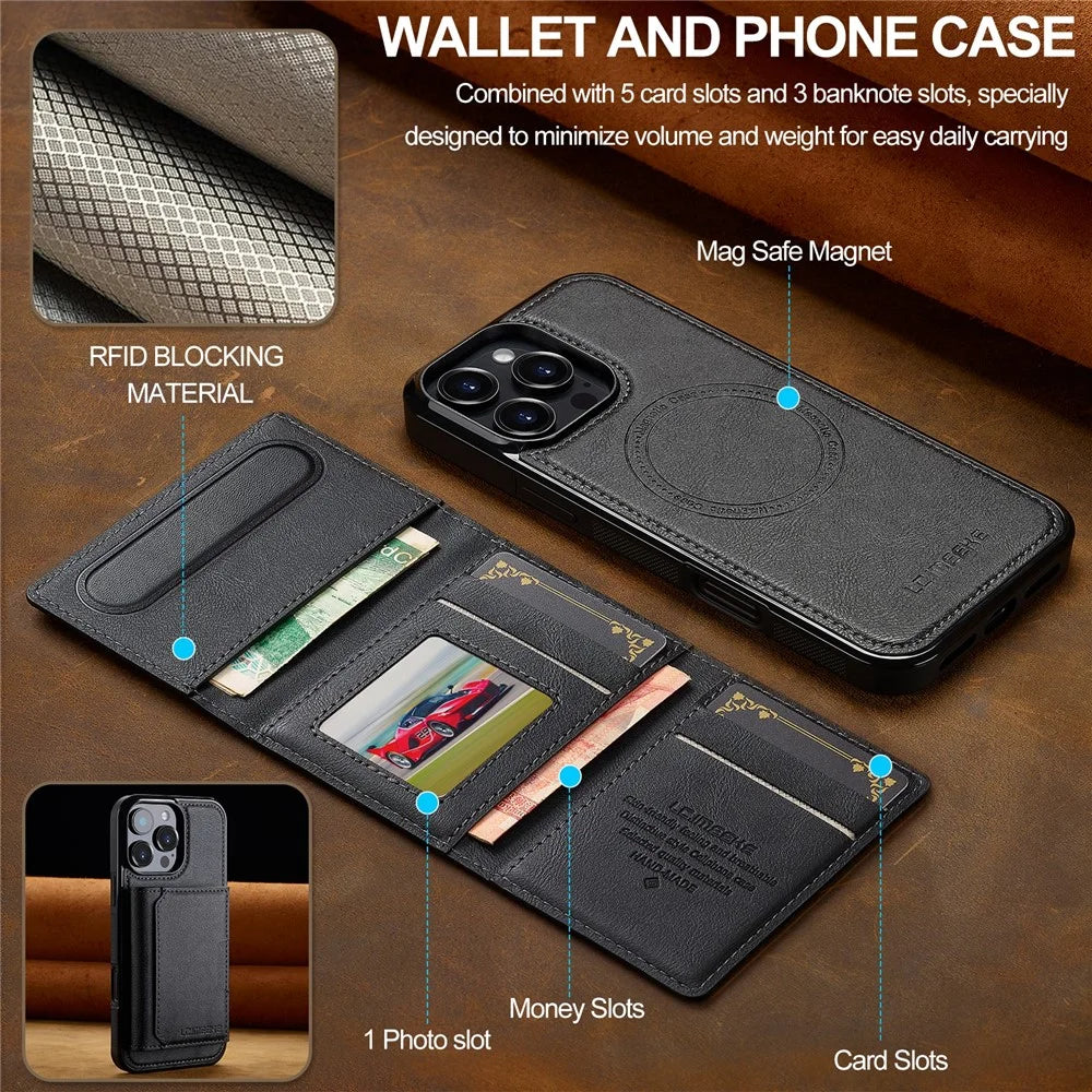 LC.IMEEKE L5 For iPhone 16 Pro Magnetic Phone Case Leather Back Cover with Detachable Card Holder - Black - 5