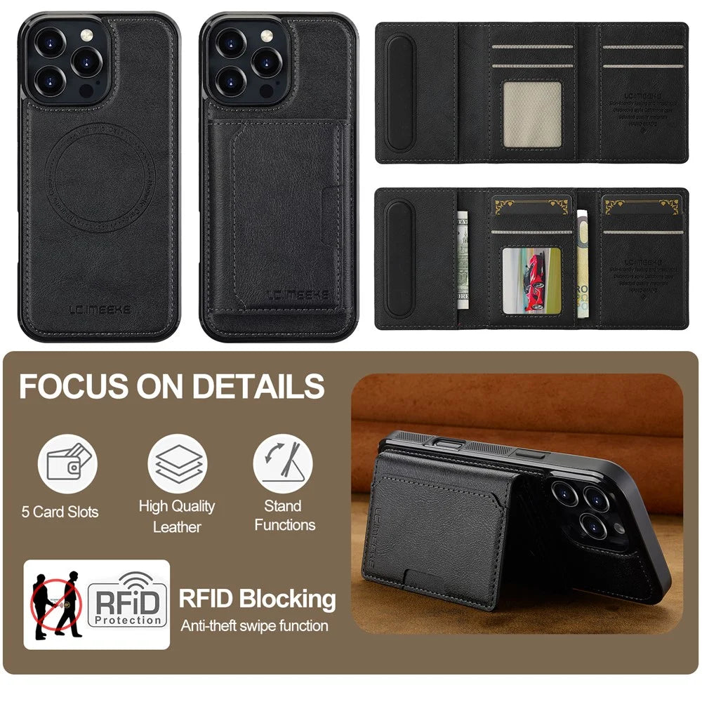 LC.IMEEKE L5 For iPhone 16 Pro Magnetic Phone Case Leather Back Cover with Detachable Card Holder - Black - 7