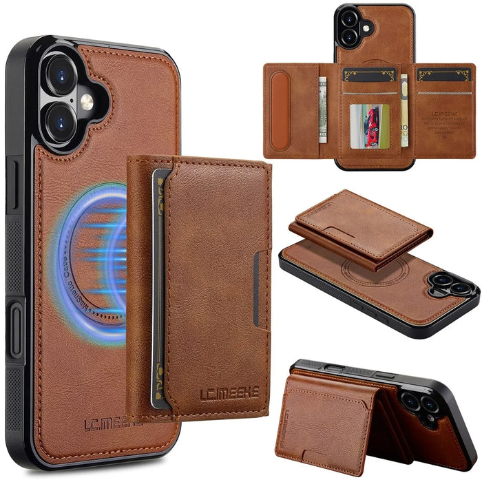 LC.IMEEKE L5 For iPhone 16 Plus Magnetic Phone Case Leather Back Cover with Detachable Card Holder - Brown - 1