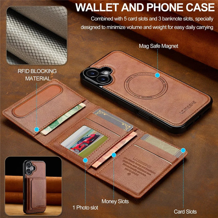 LC.IMEEKE L5 For iPhone 16 Plus Magnetic Phone Case Leather Back Cover with Detachable Card Holder - Brown - 5