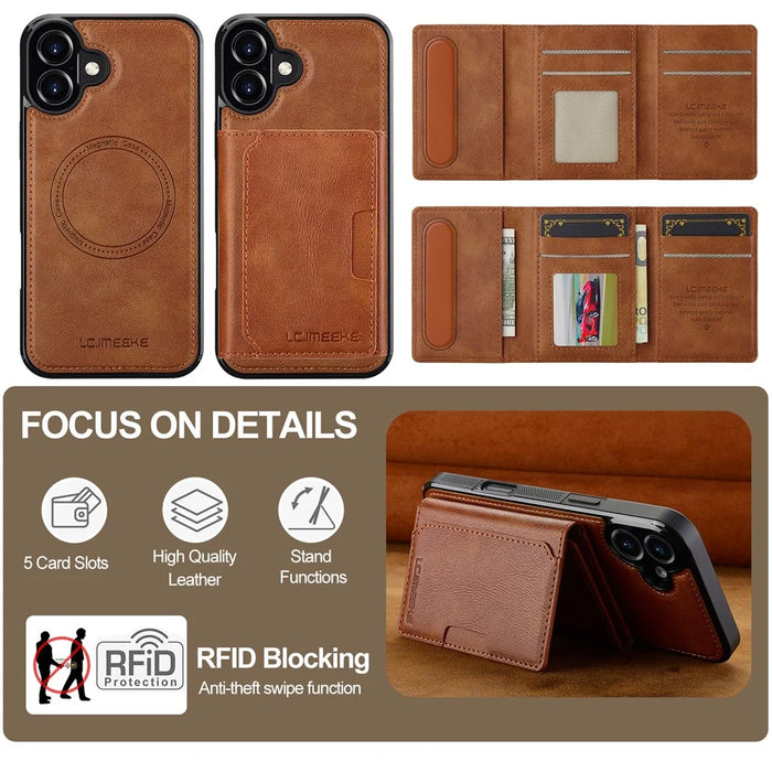 LC.IMEEKE L5 For iPhone 16 Plus Magnetic Phone Case Leather Back Cover with Detachable Card Holder - Brown - 7