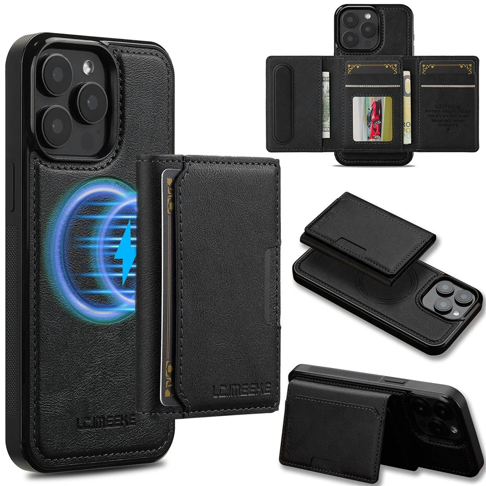 LC.IMEEKE L5 For iPhone 15 Pro Max Magnetic Phone Case Leather Back Cover with Detachable Card Holder - Black - 1