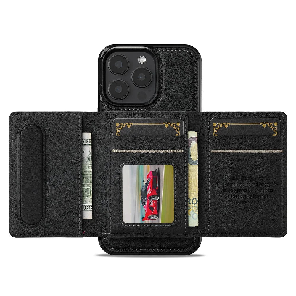 LC.IMEEKE L5 For iPhone 14 Pro Magnetic Phone Case Leather Back Cover with Detachable Card Holder - Black - 3