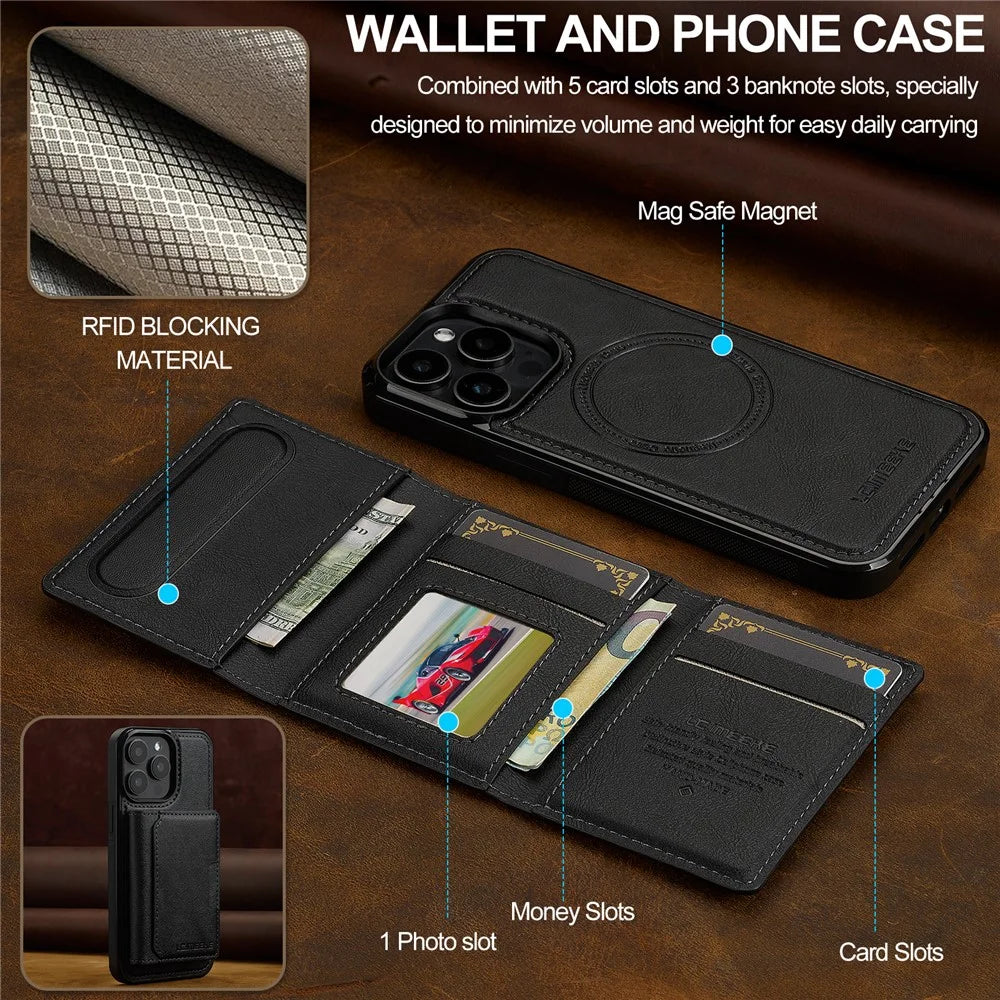 LC.IMEEKE L5 For iPhone 14 Pro Magnetic Phone Case Leather Back Cover with Detachable Card Holder - Black - 6