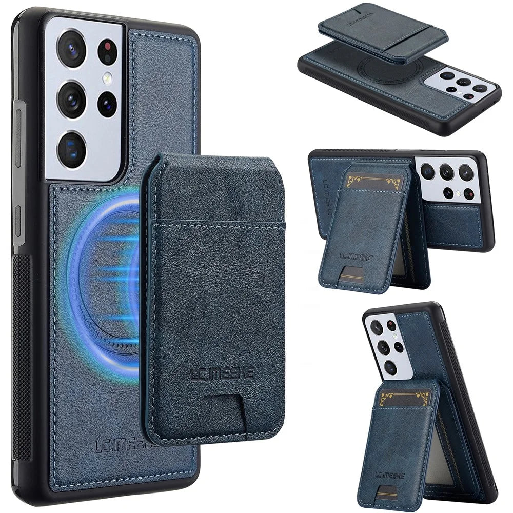 LC.IMEEKE L3 For Samsung Galaxy S22 Ultra 5G Magnetic Case Detachable Card Holder Leather+TPU Mobile Cover - Blue - 1