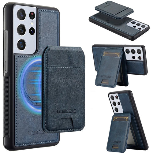 LC.IMEEKE L3 For Samsung Galaxy S22 Ultra 5G Magnetic Case Detachable Card Holder Leather+TPU Mobile Cover - Blue - 1